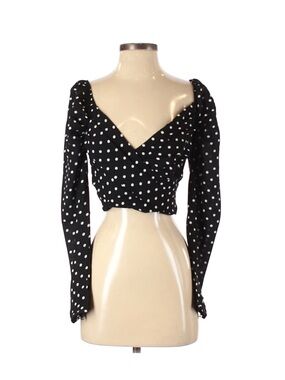 Polka Dot Long-Sleeve Black Wrap Crop Top